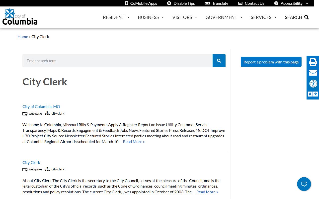 Columbia people search city clerk office page