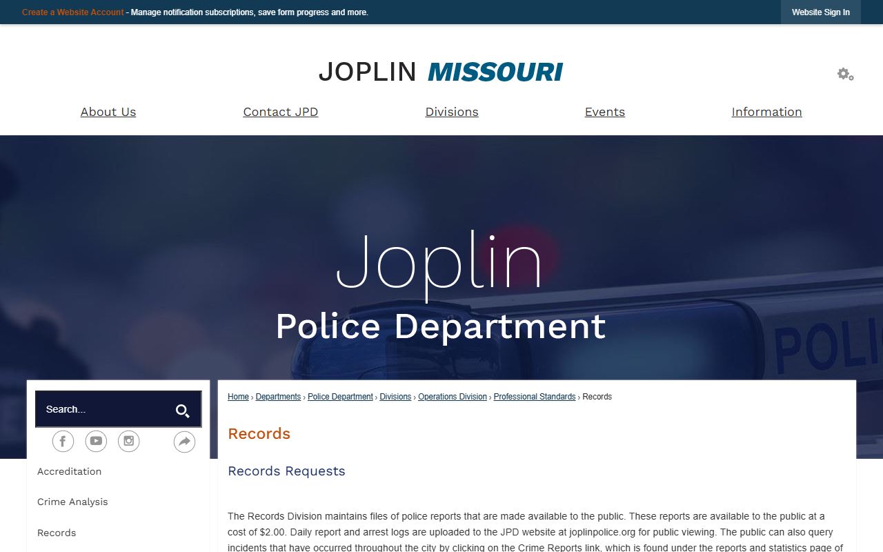 Joplin Police Department records division for people search