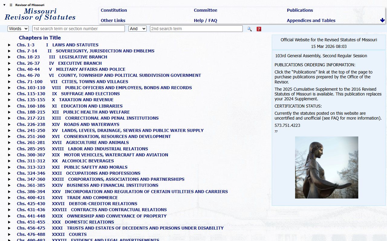 Missouri Revisor of Statutes for people search law reference