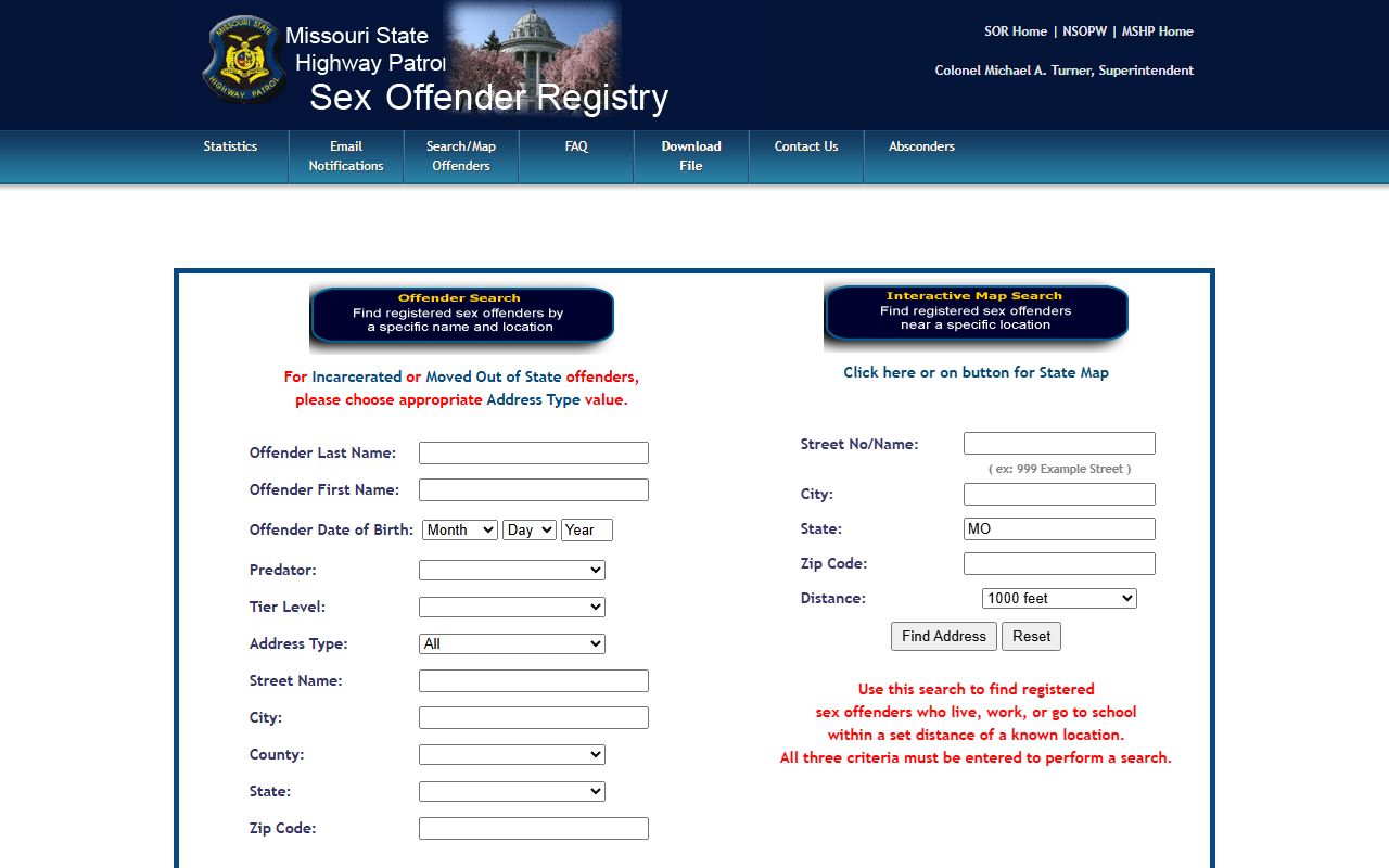 Missouri sex offender registry search page
