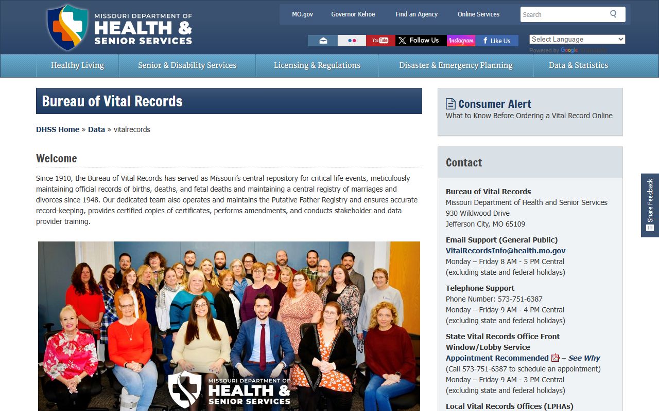 Missouri Bureau of Vital Records people search portal