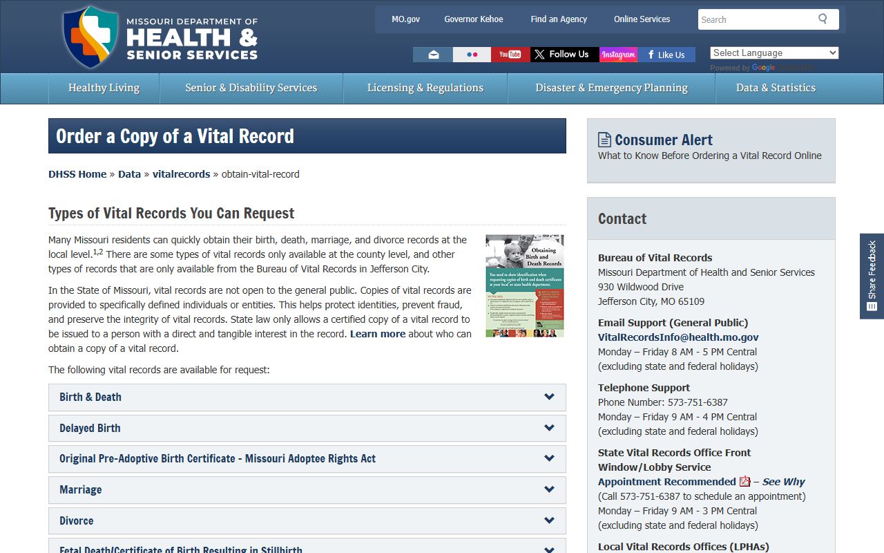 Missouri vital records request page for people search